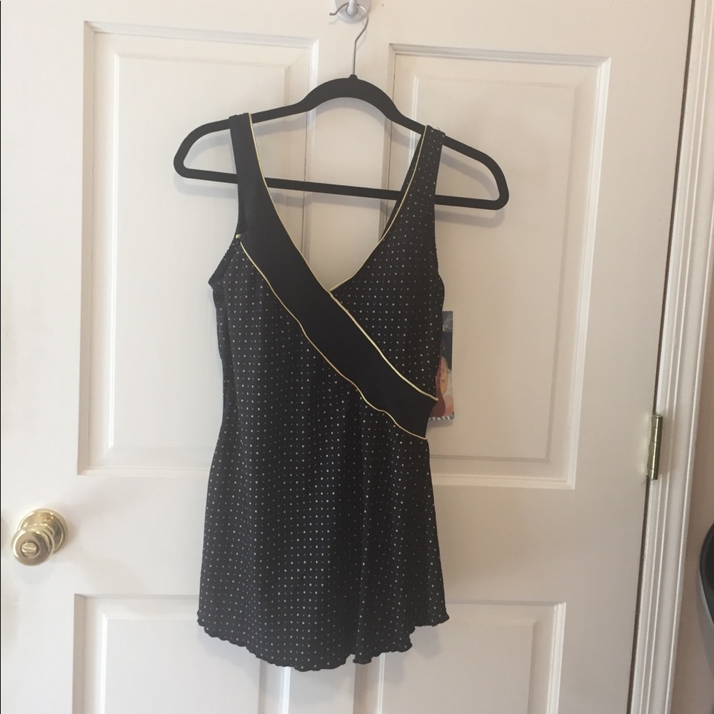 Vintage One piece bathing suit w gold polka dots and trim 1990's